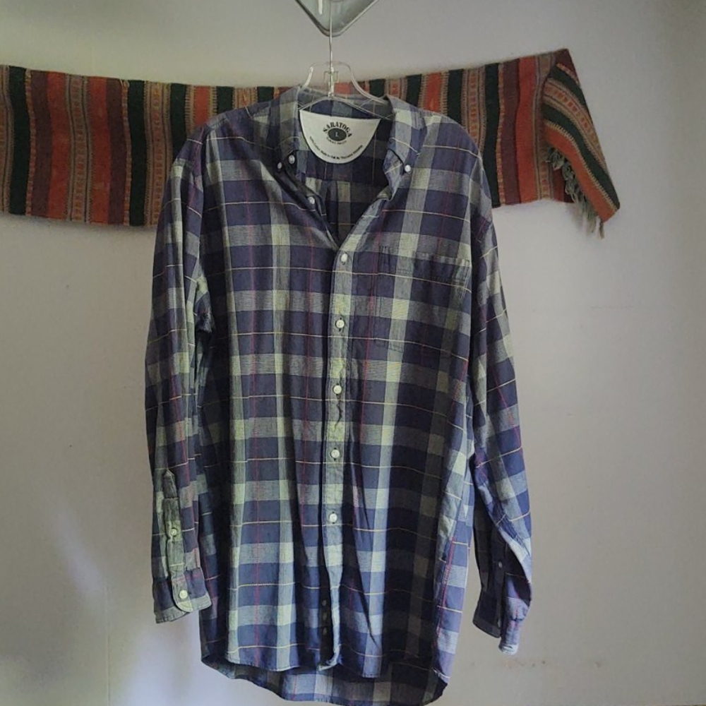 Long sleeve blue plaid shirt.